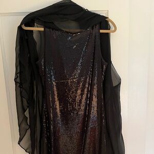 Black sequin dress with sheer cape
